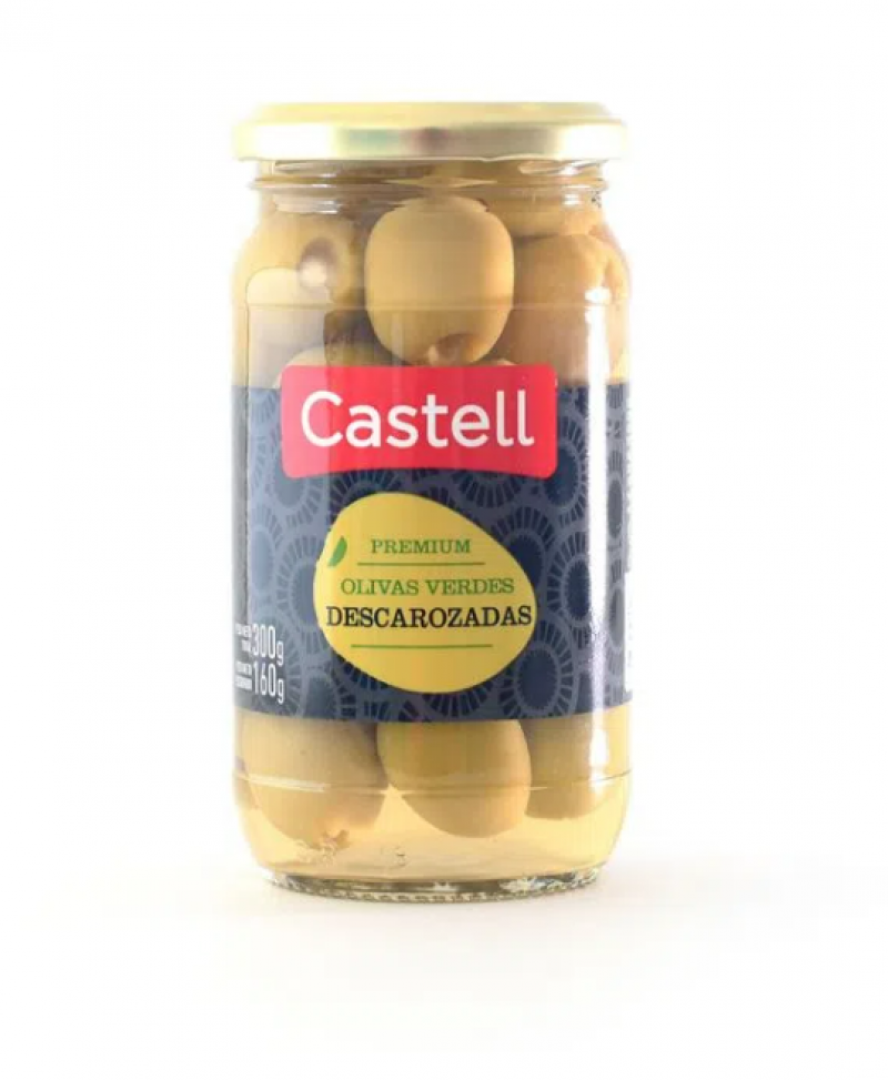 ACEITUNA CASTELL VERDES PREMIUM FRASCO VIDRIO PESO NETO 340GR ESCURRIDO 190GR