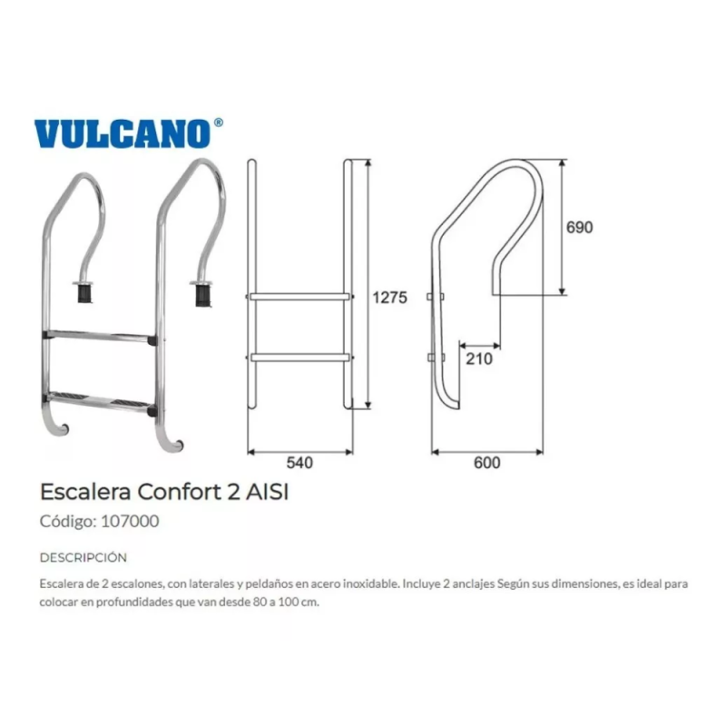 Escalera Acero Inoxidable Confort 2 Peldaños con anclajes Vulcano 107000
