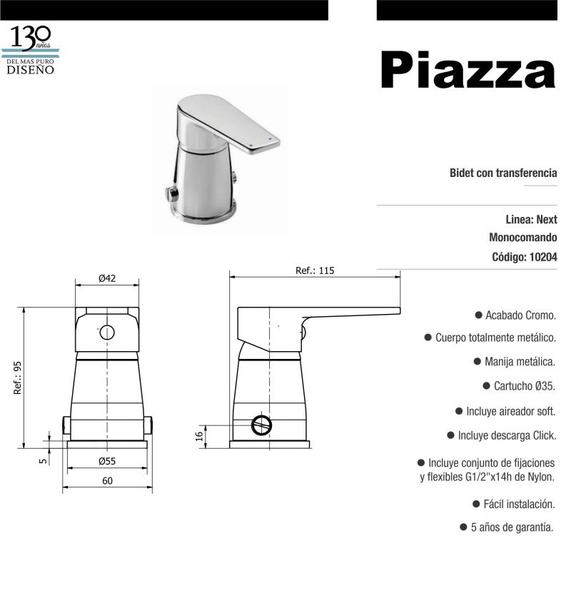 Grifería Monocomando Bidet Con Transferencia Piazza Next 10204