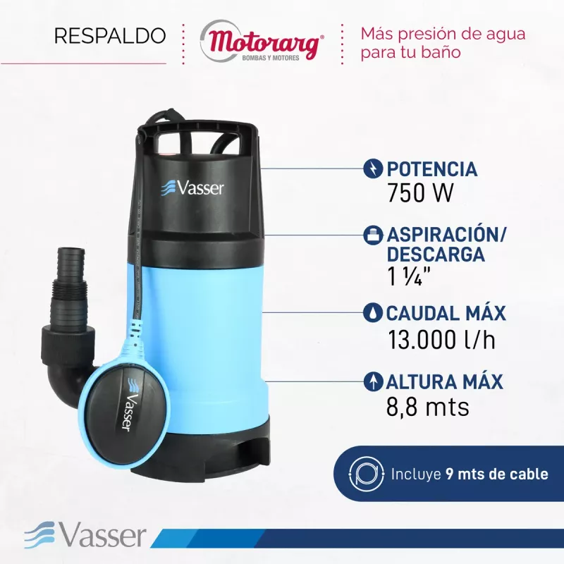 Bomba Sumergible Desagote Agua Sucia Vasser DE750PS 750W 10Mts cable