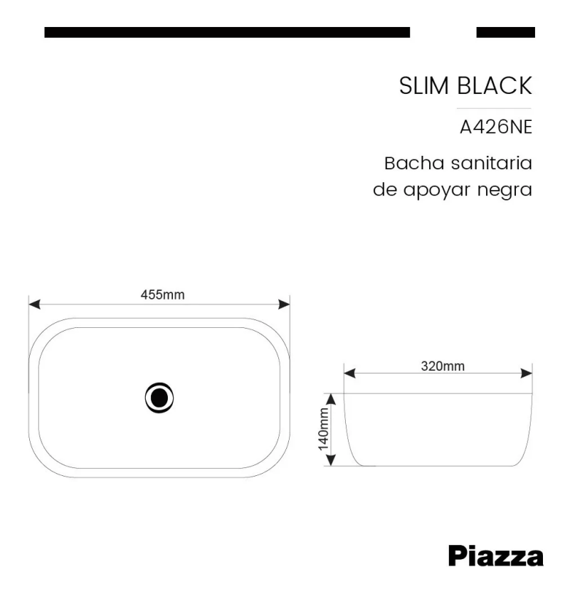 Bacha Apoyo Rectangular De Porcelana Negro Mate Piazza A426NE