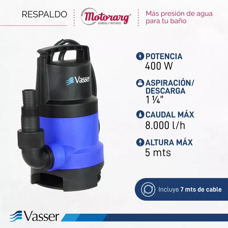 Bomba Sumergible Desagote Agua Sucia Vasser DE400PS 400W 10Mts cable