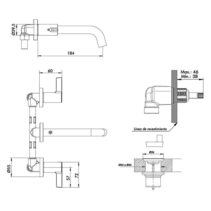 Grifería Lavatorio Pared Baño Fv Mauna 0203/G8 Negro Mate