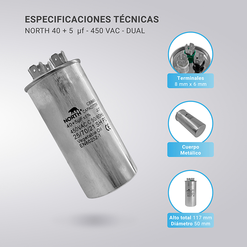 Capacitor Dual 40 + 5 Mf Aire Acondicionado North 450 Vac