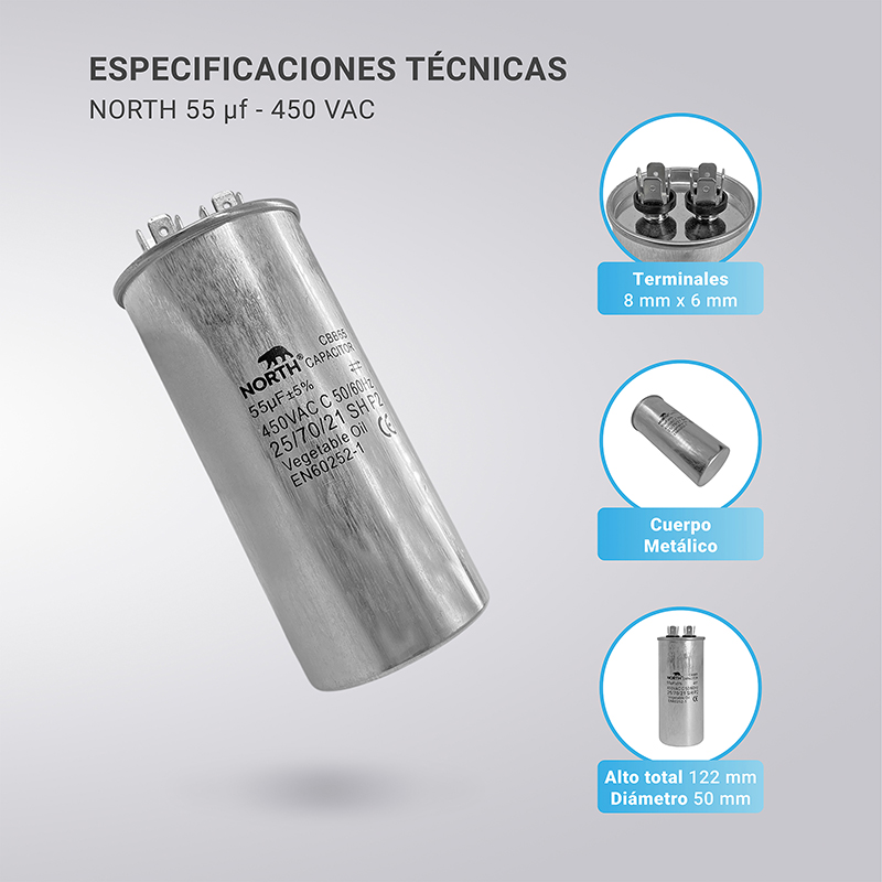 Capacitor Aire Acondicionado 55 Uf North Split Metalico
