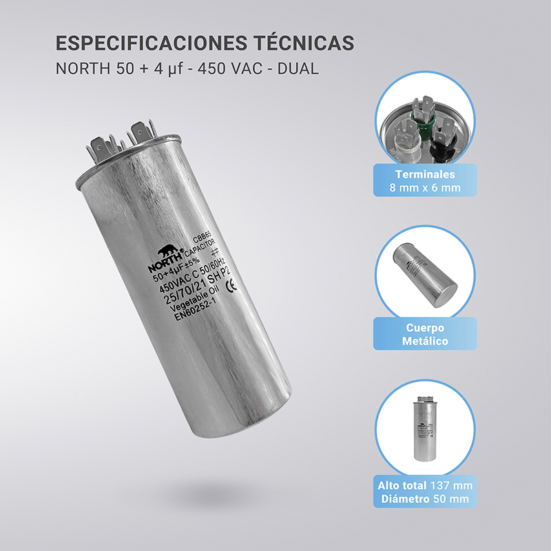 Capacitor Aire Acondicionado 50+4 Microfaradios 450vac North