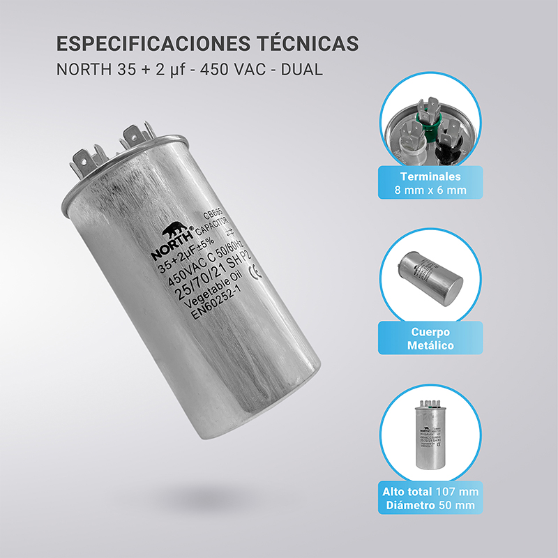 Capacitor Dual 35 + 2 Uf Aire Acondicionado Metalico North