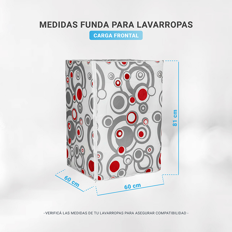 Funda para lavarropas 60x60x81 carga frontal estampada impermeable roja y gris