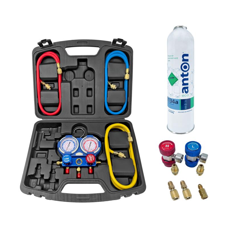 Kit carga aire automotor manifold gas R134 con valvula acoples alta y baja North
