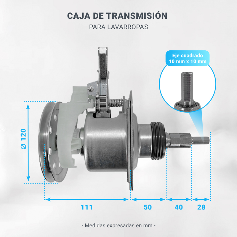 Caja de transmisión eje cuadrado para lavarropas Samsung, Panasonic, LG y Philco + Tuerca