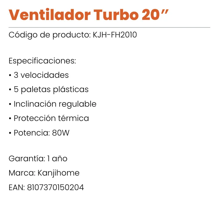 Turbo Ventilador Kanji 20 Fh2010 Plastico 80 Watt Cantidad De Aspas 5 Color De La Estructura Negro Diámetro 50.8 Cm