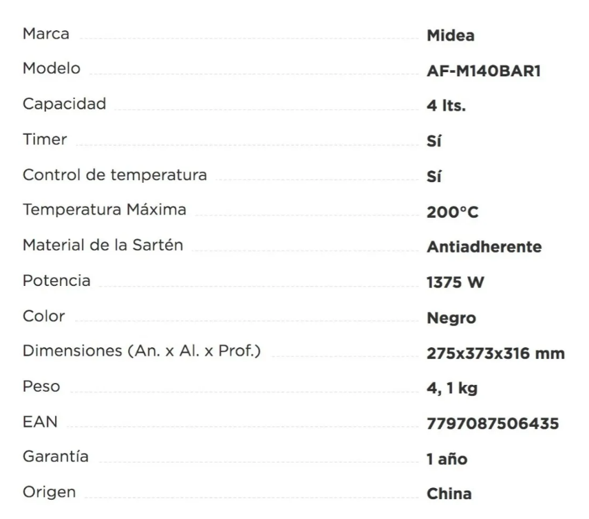 Freidora Electrica Midea Af-m140bar1 Sin Aceite 4 Litros Negro