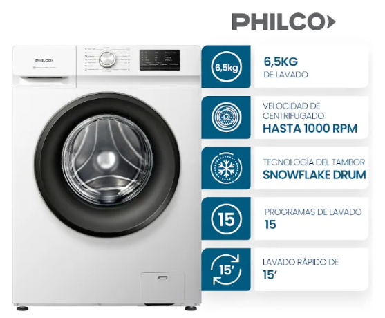 Lavarropas Automático Philco Phlf6510b2 6.5kg 1000rpm Blanco