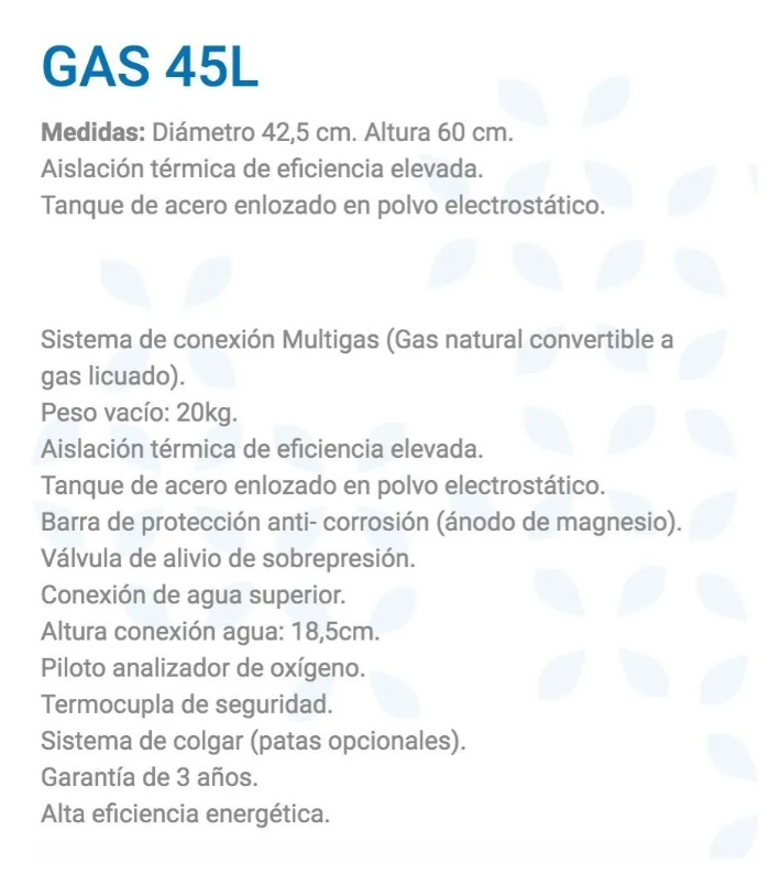 Termotanque Escorial 45 Litros Multigas Carga Superior Blanco