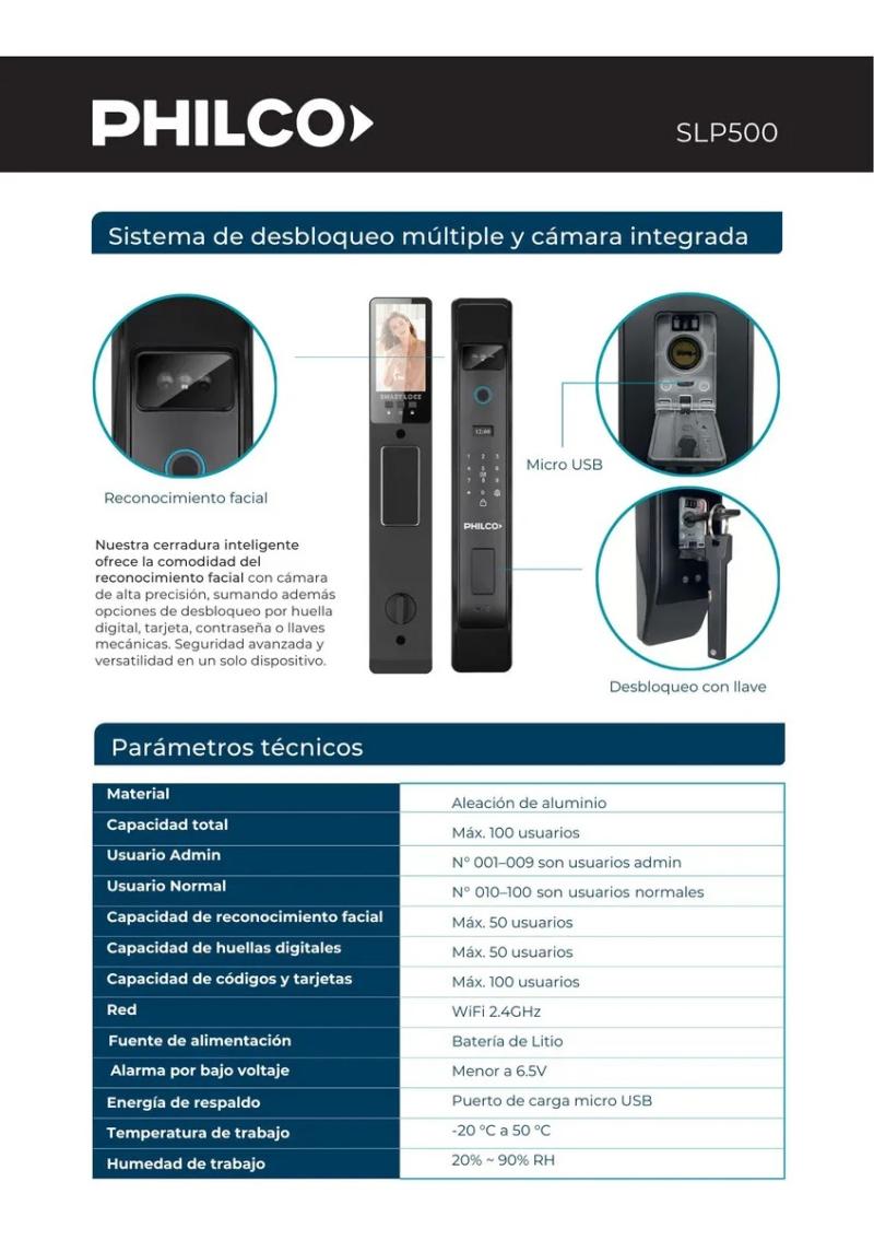 Cerradura Inteligente Philco SLP500 Wifi Reconocimiento Facial Tarjeta Llave