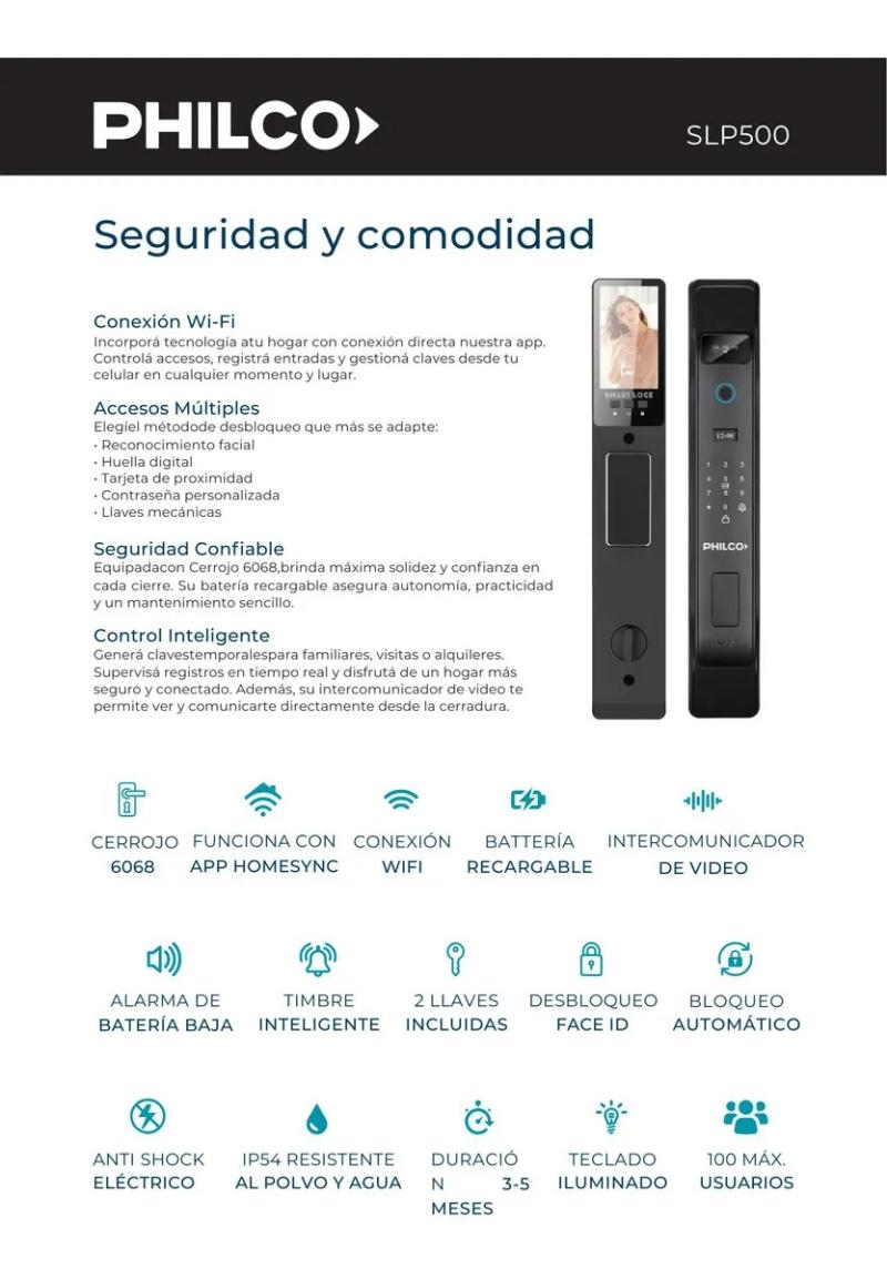 Cerradura Inteligente Philco SLP500 Wifi Reconocimiento Facial Tarjeta Llave