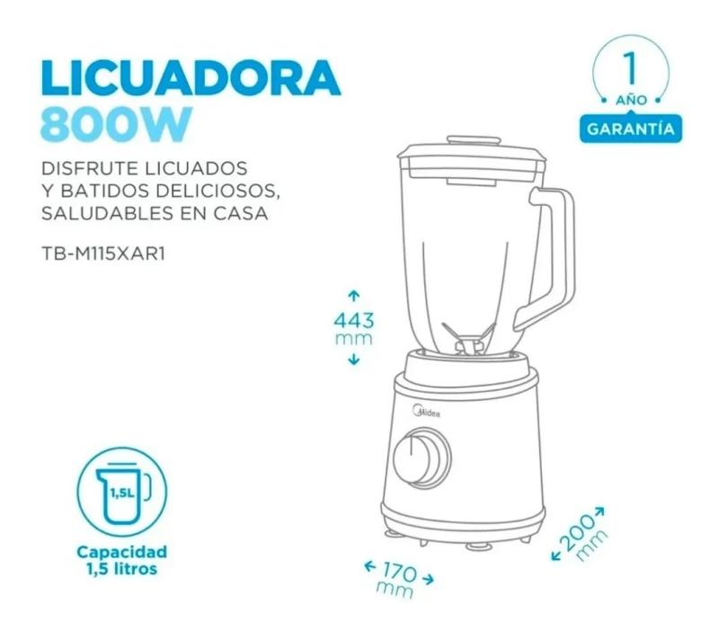Licuadora Midea TB-M115XAR1 Con Jarra De Vidrio 1,5 L. 800w