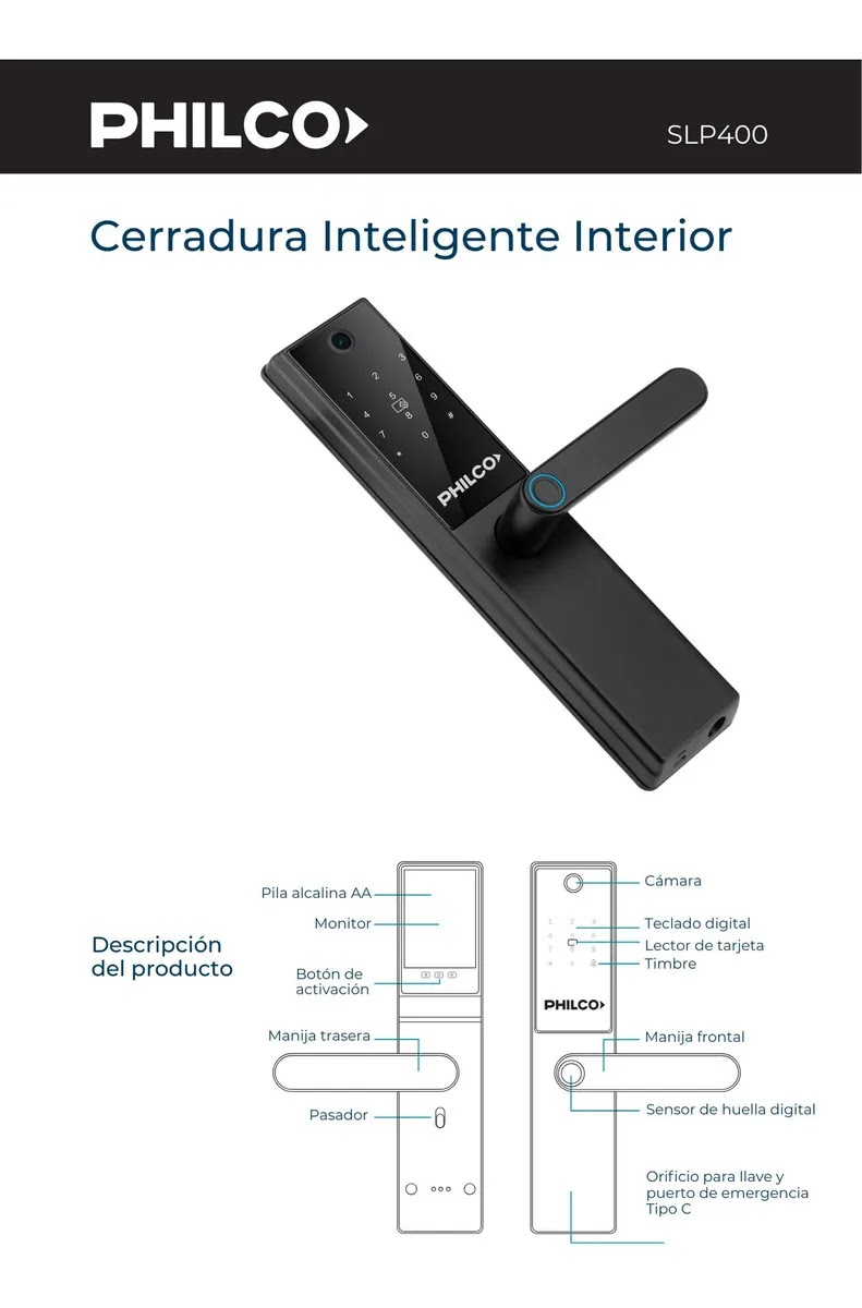 Cerradura Inteligente Philco SLP400 Wifi Huella Tarjeta Llave Contraseña