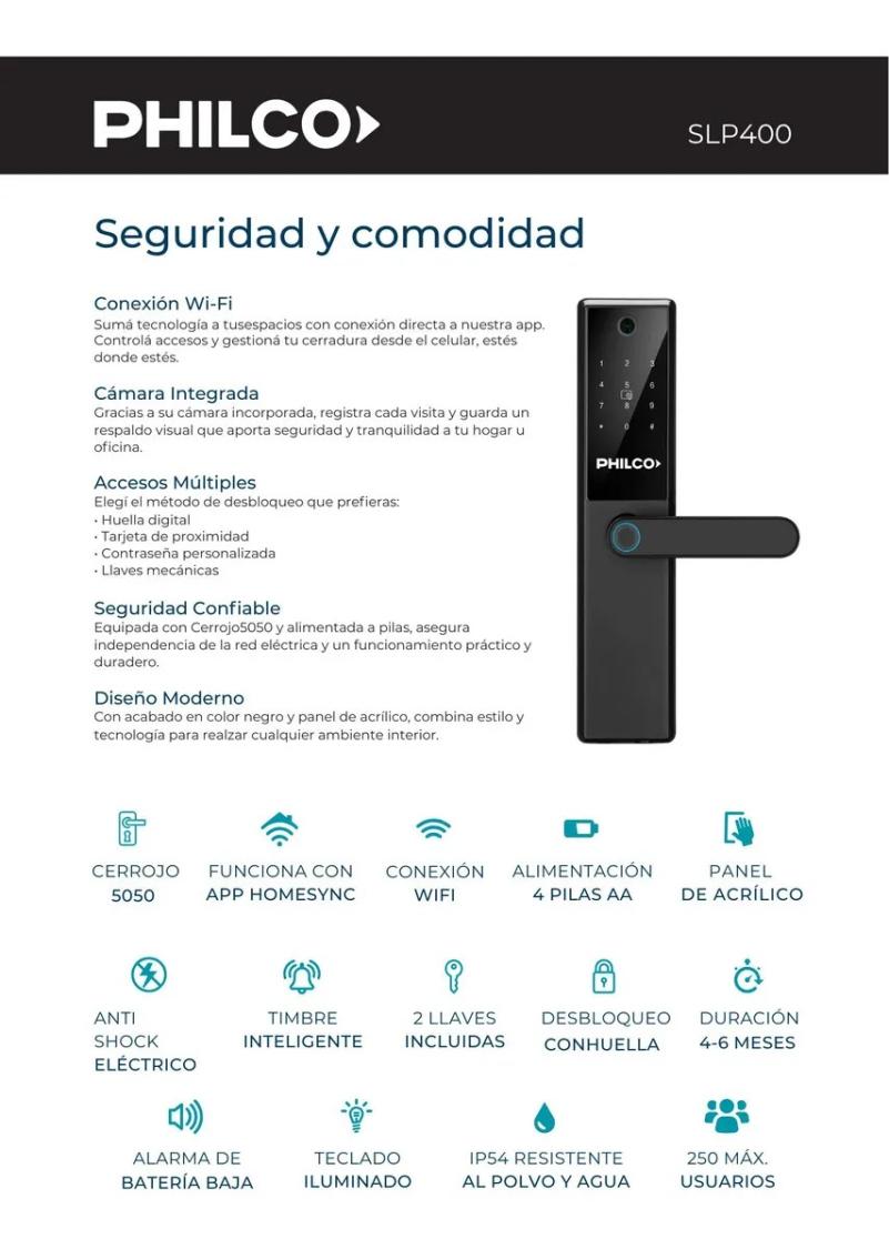 Cerradura Inteligente Philco SLP400 Wifi Huella Tarjeta Llave Contraseña