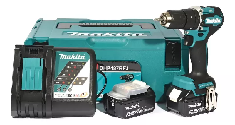 Makita Taladro Atornillador Percutor DHP487RFJ - 18V LXT - Motor BL - Kit Completo