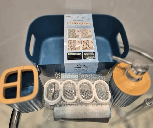 Set de Baño - Cortina Ganchos con Jabonera y Porta Cepillos- Campomayo