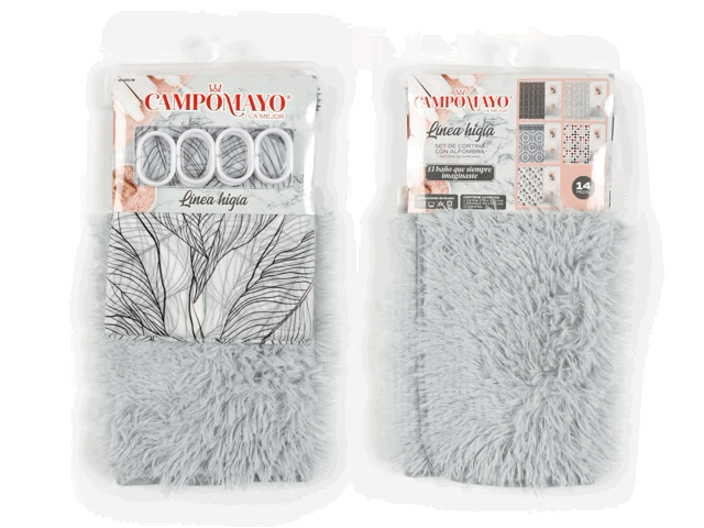 Set Cortina de Baño con Alfombra Peluda y 12 Ganchos - Campomayo