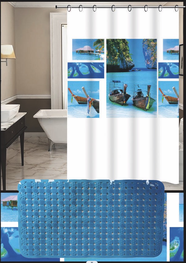 SET DE CORTINA DE BAÑO CON ALFOMBRA DE BAÑERA Y GANCHOS